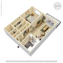 A 3D floor plan of a house with rooms and furniture.