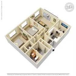 A 3D image of a house layout with rooms and furniture.