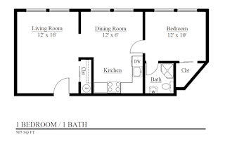 A floor plan of a one bedroom apartment with a bath.