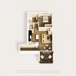 A floor plan of a house with a kitchen, living room, dining room, and two bedrooms.