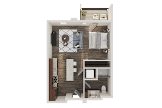 A top-down view of a small apartment with a kitchen, living room, and bedroom.