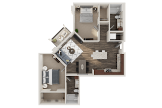 A top-down view of a house layout with a living room, kitchen, and two bedrooms.