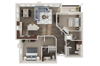A 3D rendered image of a house layout.