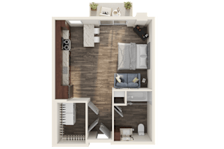 A 3D rendered image of a small apartment layout.