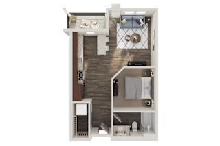 A top-down view of a small apartment with a kitchen, living room, and bathroom.