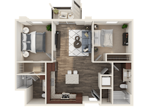 A 3D floor plan of a small apartment with a kitchen, living room, and bedroom.