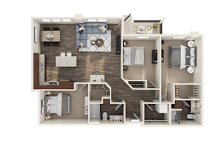 A 3D rendered image of a house layout.