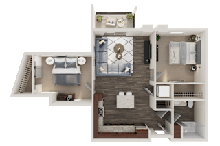 A 3D floor plan of a small apartment with a kitchen, living room, and bedroom.