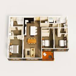A top-down view of a small apartment with a kitchen, living room, and bedrooms.