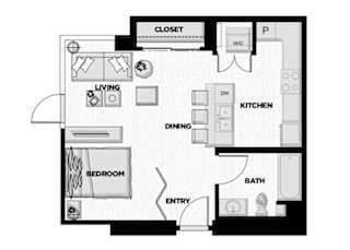 a floor plan of a small room with a bedroom and a bathroom
