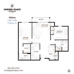 A floor plan for a 2 bedroom, 2 bathroom apartment at Chaska Place Apartments.