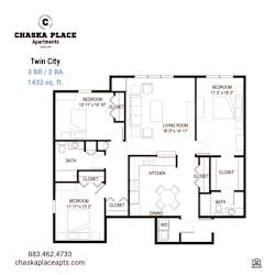 A floor plan for a 3 bedroom, 2 bathroom apartment at Chaska Place Apartments.