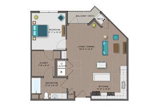 A floor plan of a house with a bedroom, bathroom, laundry, and kitchen.