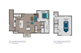 A floor plan of a townhouse with two units, one on the first floor and one on the second floor.