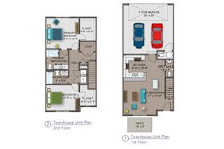 A diagram of a two-story townhouse unit plan with labeled rooms and dimensions.