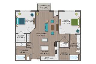 A floor plan of a house with a balcony, two bedrooms, a living area, a dining area, a kitchen, a bathroom, a laundry room, and a coat closet.