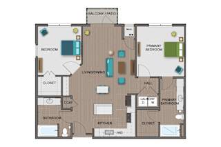 A floor plan of a house with a living room, dining room, kitchen, and multiple bedrooms.