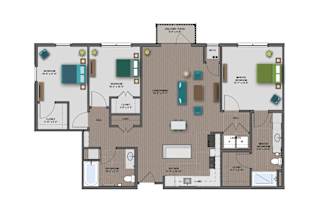 A floor plan of a house with a living room, dining room, kitchen, and two bedrooms.