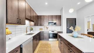 A modern kitchen with dark wood cabinets and stainless steel appliances.