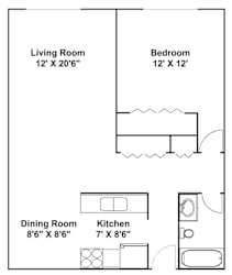 A floor plan of a small apartment with a living room, bedroom, dining room, and kitchen.