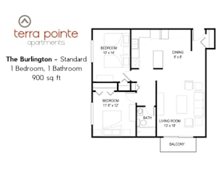 A floor plan for a 900 sq ft apartment with one bedroom and one bathroom.