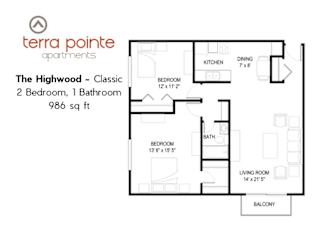 A floor plan for a 2 bedroom, 1 bathroom apartment from Terra Pointe Apartments.