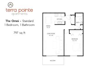 A floor plan for a 1 bedroom, 1 bathroom apartment of 797 sq ft.