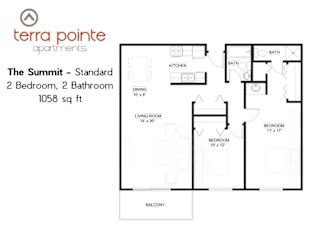 A floor plan for a 2 bedroom, 2 bathroom apartment from Terra Pointe Apartments.