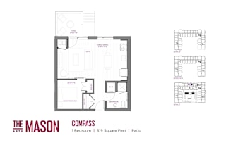 A floor plan for a one bedroom apartment at The Mason Apartments.