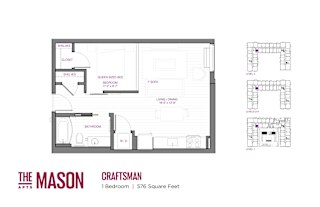 A floor plan for a one bedroom apartment at The Mason Apartments.