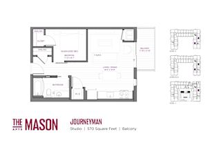 A floor plan of a studio apartment at The Mason Apartments.