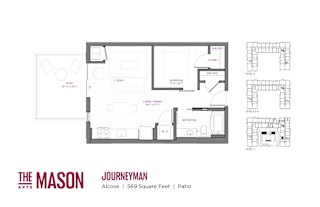 A floor plan of a one bedroom apartment with a living room, kitchen, and bathroom.