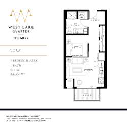 A floor plan for a property at West Lake Quarter shows a 1 bedroom, 1 bath, 513 square foot balcony.