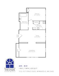 A floor plan for a 420 square foot apartment with one bed and one bath.