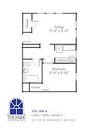 A floor plan for a 1 bedroom apartment at The Park Apartments.