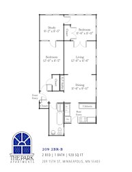 A floor plan for a 2 bedroom, 1 bath apartment at The Park Apartments.