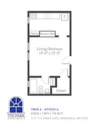 A floor plan for a studio apartment with a living room, bed, bathroom, and closet.