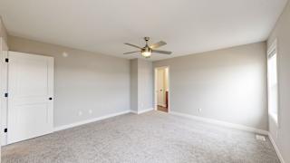 A room with a ceiling fan and carpeted floor.