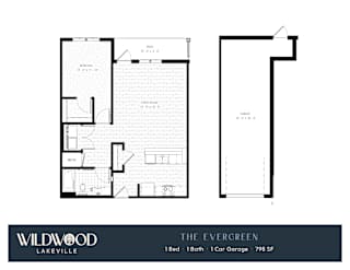 A floor plan for a Wildwood Lakeville property shows a 1-bedroom, 1-bath home with a 1-car garage.