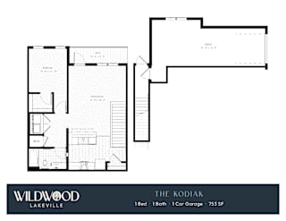 A floor plan for a property named "The Kodiaq" by Wildwood Lakeville, featuring a 1 Bed, 1 Bath, and 1 Car Garage with a total area of 753 SqFt.