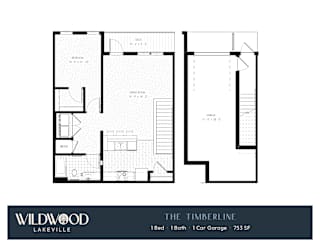 A floor plan for a Wildwood Lakeville property shows a 1-bedroom, 1-bath, and 1-car garage home.
