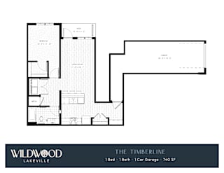 A floor plan for a Wildwood Lakeville property shows a 1 Bedroom, 1 Bathroom, and 1 Car Garage apartment.