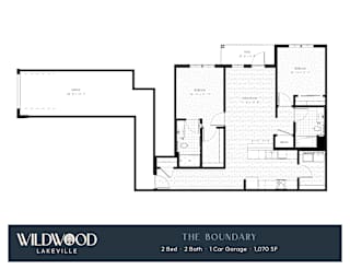 A floor plan for a Wildwood Lakeville property shows a 2 bedroom, 2 bathroom home with a 1,070 square foot garage.