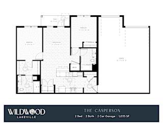 A floor plan for a property at Wildwood Lakeville shows two bedrooms, two bathrooms, and a two car garage.