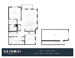 A floor plan for a Wildwood Lakeville property shows two bedrooms, two bathrooms, a garage, and a total square footage of 1,125 SF.