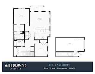 A floor plan for a property called Wildwood Lakeville shows a 2 bedroom, 2 bathroom home with a 1 car garage.
