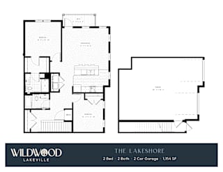 A floor plan for a Wildwood Lakeville property shows two bedrooms, two bathrooms, and a two car garage.