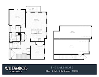 A floor plan for a Wildwood Lakeville property shows two bedrooms, two bathrooms, and a garage.