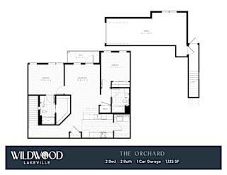 A floor plan for a Wildwood Lakeville property shows a 2 bedroom, 2 bathroom, and 1 car garage house.