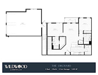A floor plan for a property called The Orchard in Wildwood Lakeville shows a 2 bedroom, 2 bathroom, and 2 car garage house with a total area of 1,125 square feet.